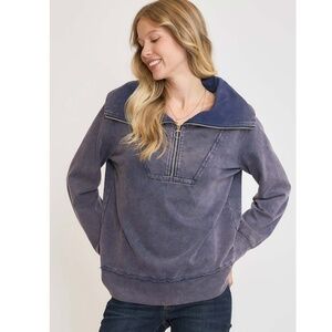 NAVY Half Zip Mineral Washed Half Zip Up Top